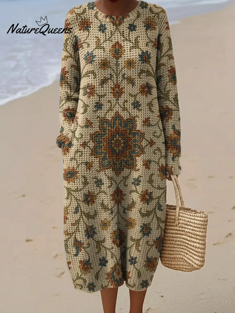 Ethnic Style Art Patterns Printed Round Neck Knit Dress