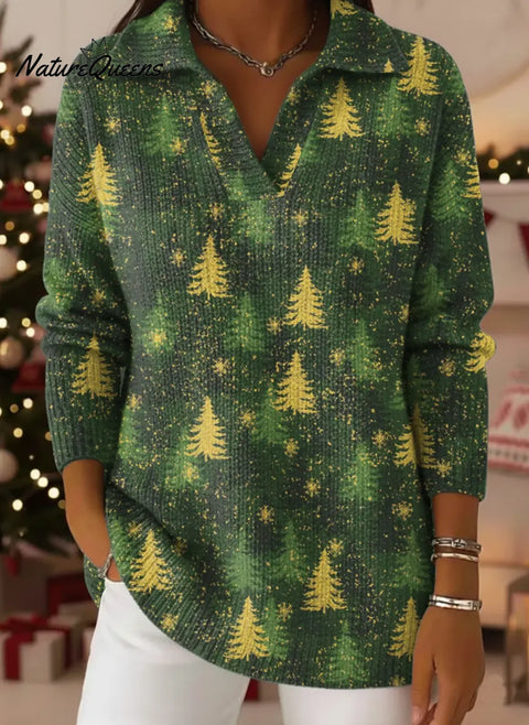 Christmas Green Print Lapel Casual Knit Sweater