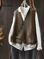 Women's Solid Color V-neck Sleeveless Loose-fitting Knitted Cardigan Vest