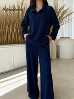 Women's Solid Color Collared Long-sleeved Casual Loose Top With Elastic Waist And Wide-leg Pants Set