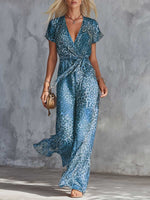 Women's Leopard Print V-neck Short-sleeve Casual Loose Chiffon Jumpsuit