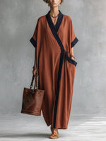 Women's V-neck 3/4 Sleeve Casual Loose Cotton Linen Dress