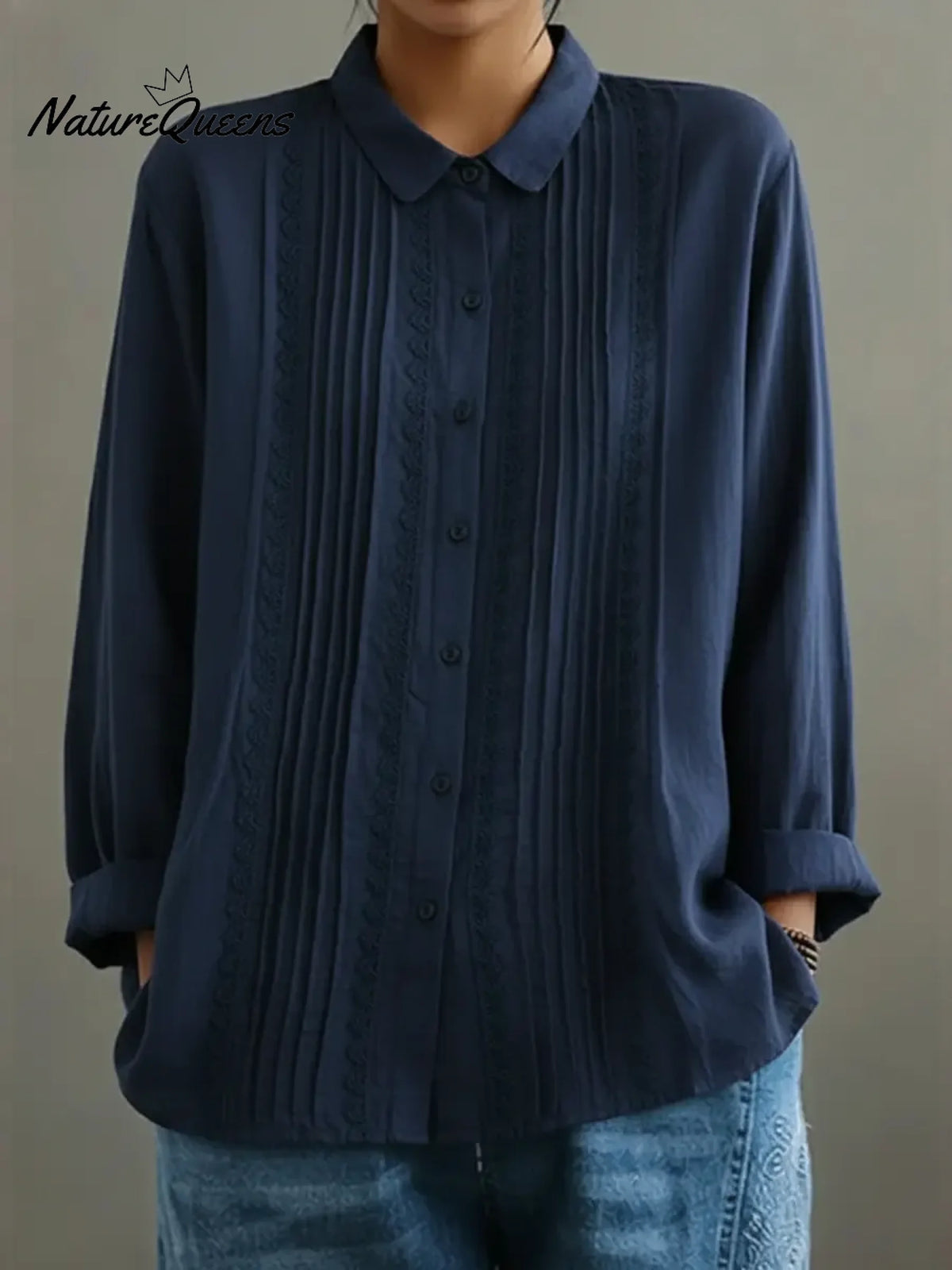 Women's Patchwork Lace Trim Linen And Cotton Pleated Shirt