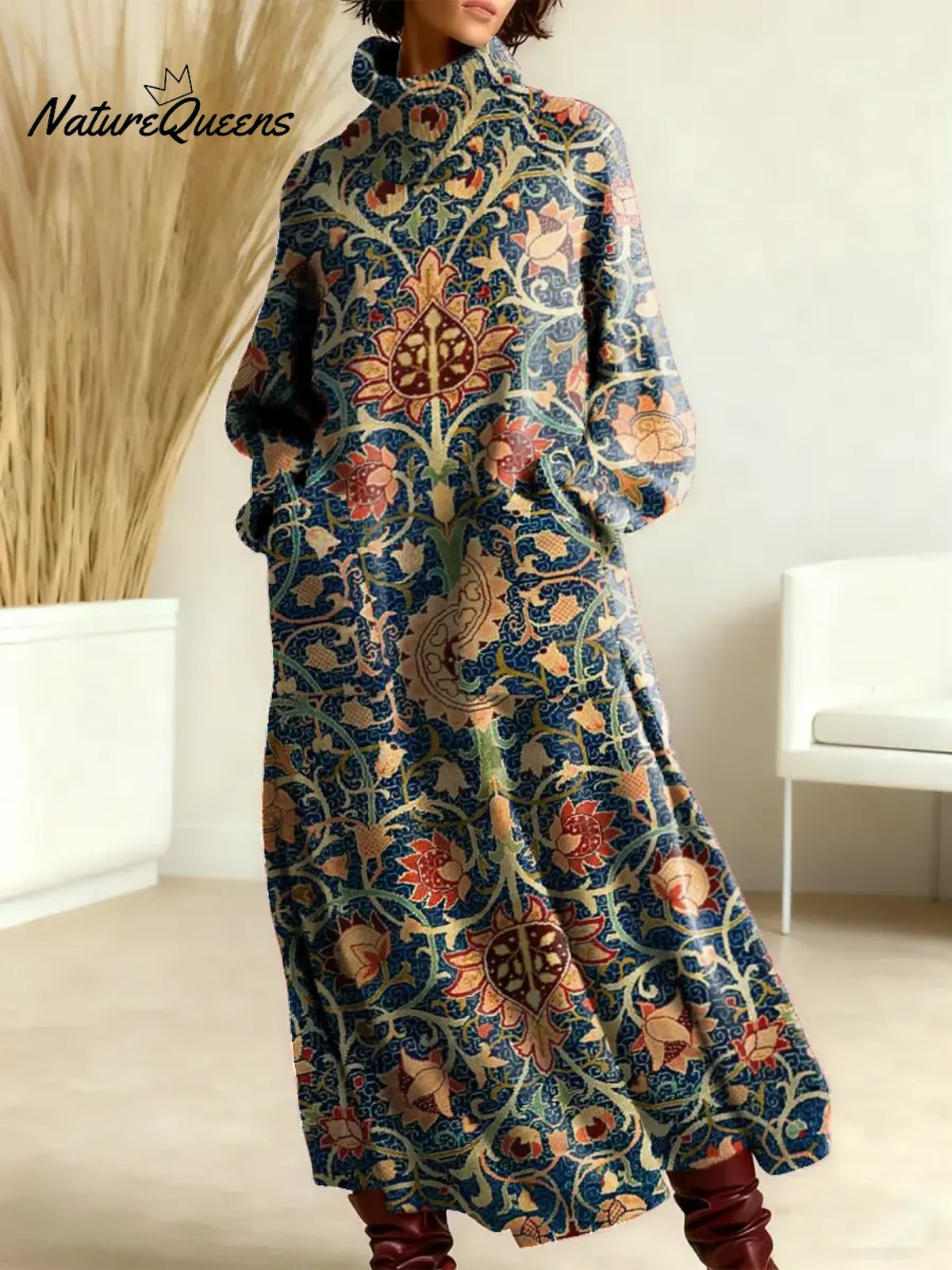 Women's Vintage Flower Pattern Art Print Casual Cotton Knitted Dress