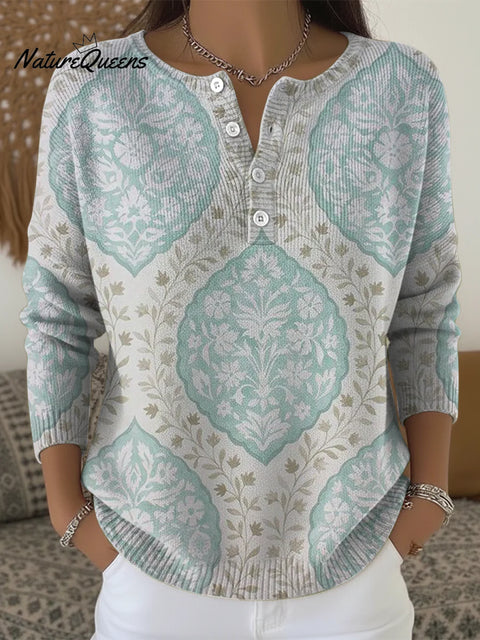 Retro Pattern Art Print Buttoned Cardigan Sweater
