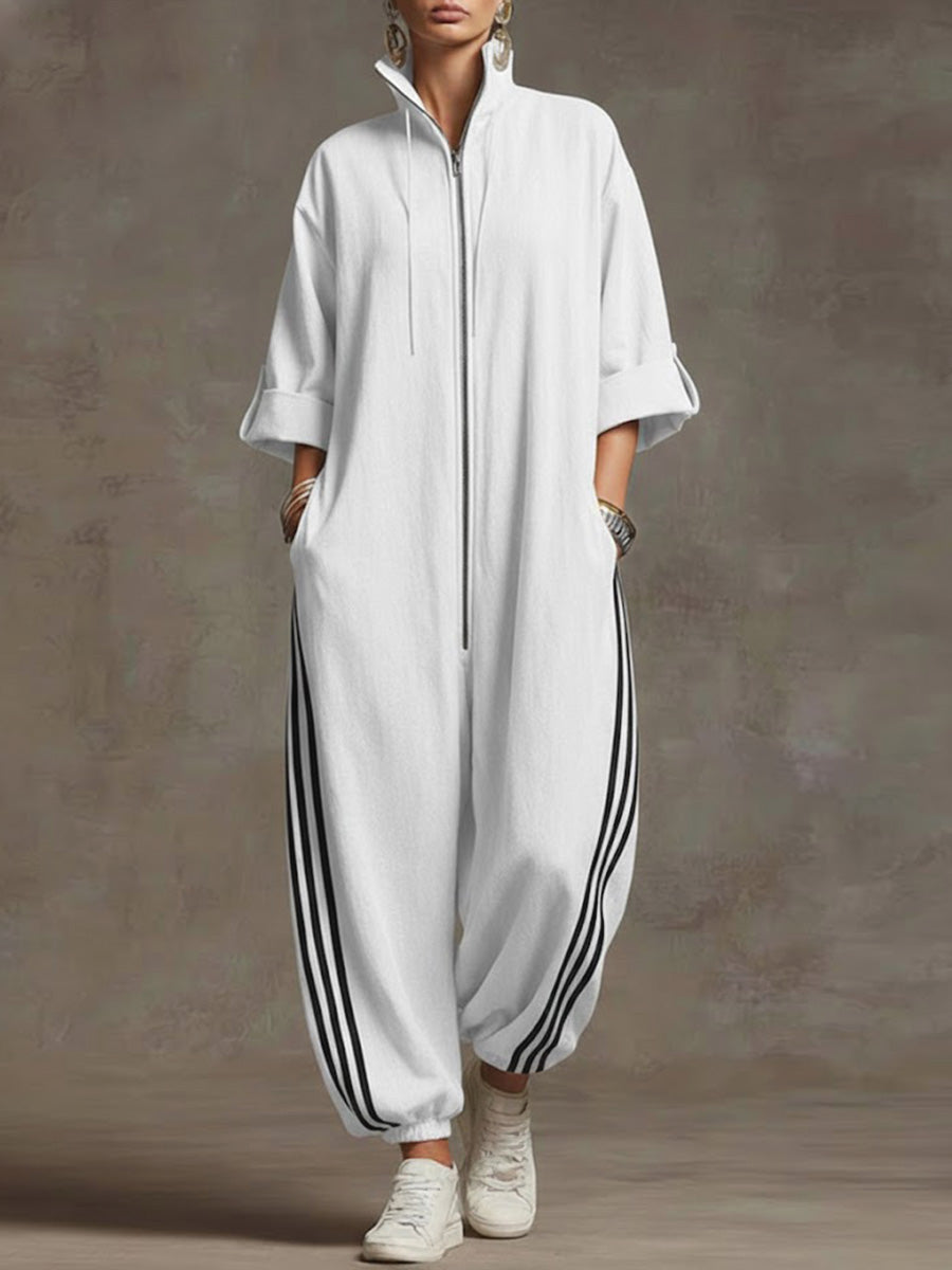 Women's Stand-collar 3/4 Sleeve Casual Loose Hooded Linen Jumpsuit