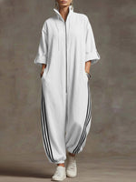 Women's Stand-collar 3/4 Sleeve Casual Loose Hooded Linen Jumpsuit