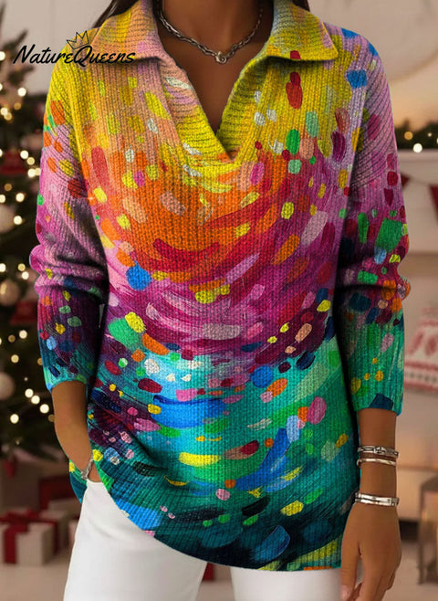 Retro Gradient Art Pattern Art Polo Collar Shiny Loose Sweater Top