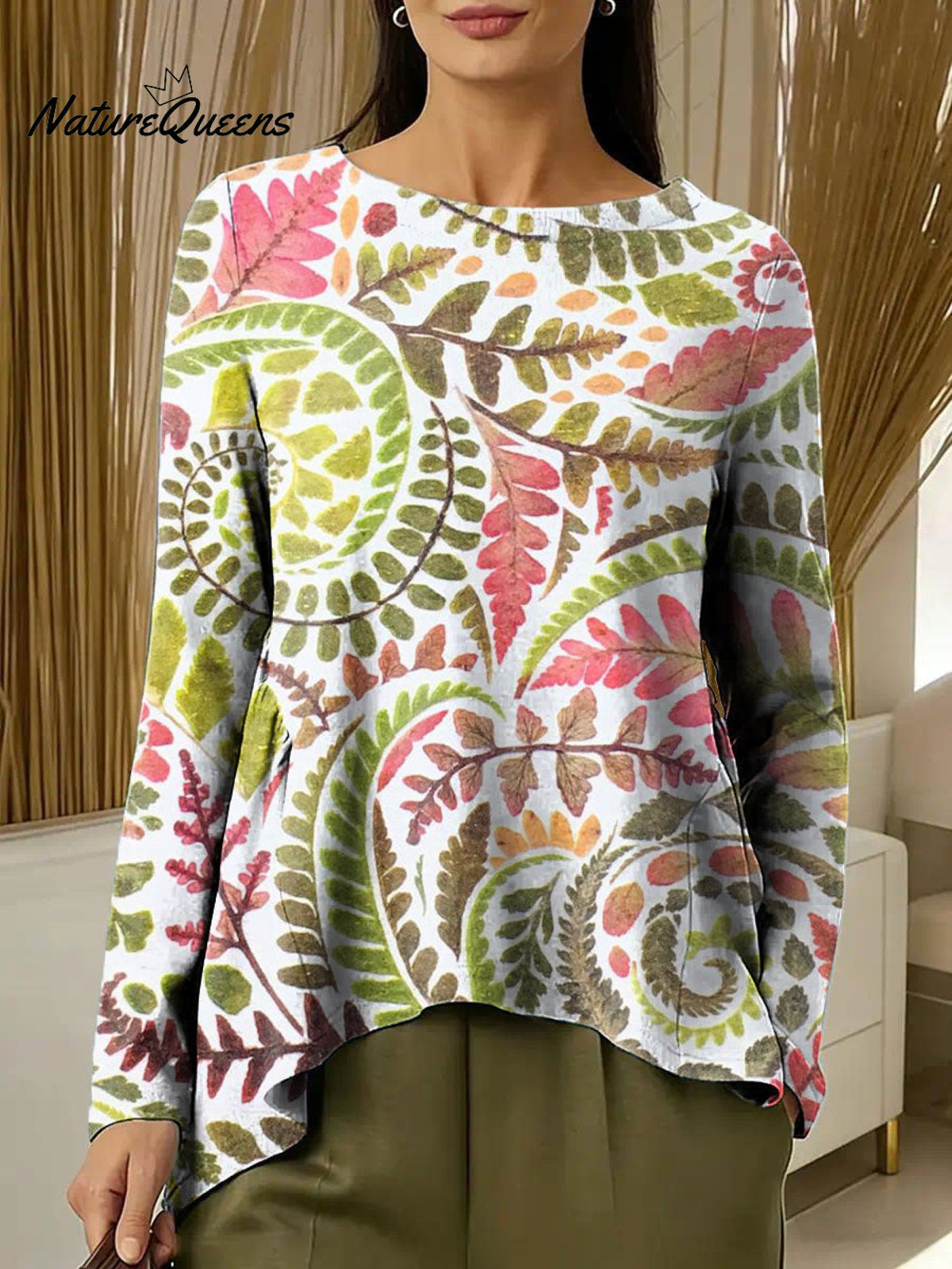 Women's Flowers Colorful Round Neck Casual Print Long-sleeved Ruched T-shirt