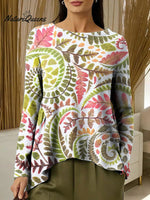 Women's Flowers Colorful Round Neck Casual Print Long-sleeved Ruched T-shirt