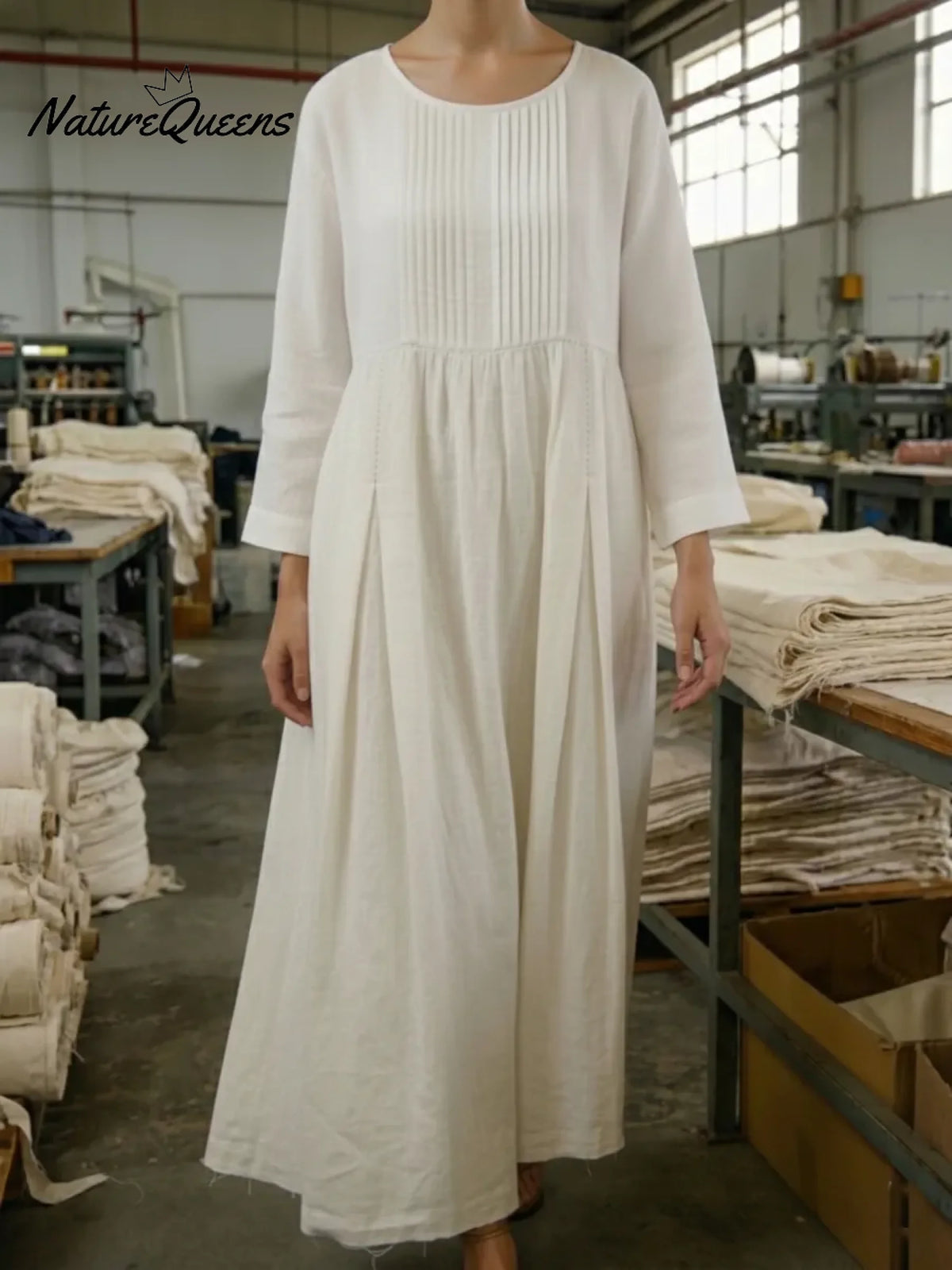Vintage-style Pleated Linen Midi Dress