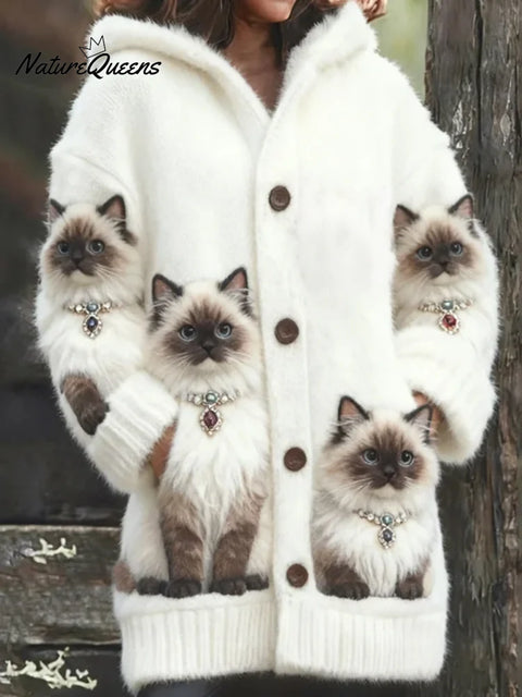 Women's Funny Cats Pattern Art Print Casual Fleece Coat