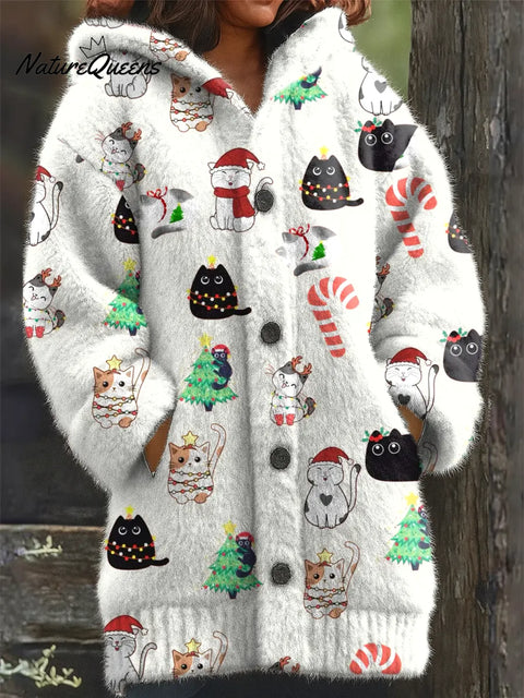 Cozy Cute Christmas Cats  Art Print Casual Plush Warm Coat