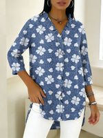 Denim Four-leaf Clover Decorative Pattern Women's Casual V Collar 3/4 Sleeve Shirt