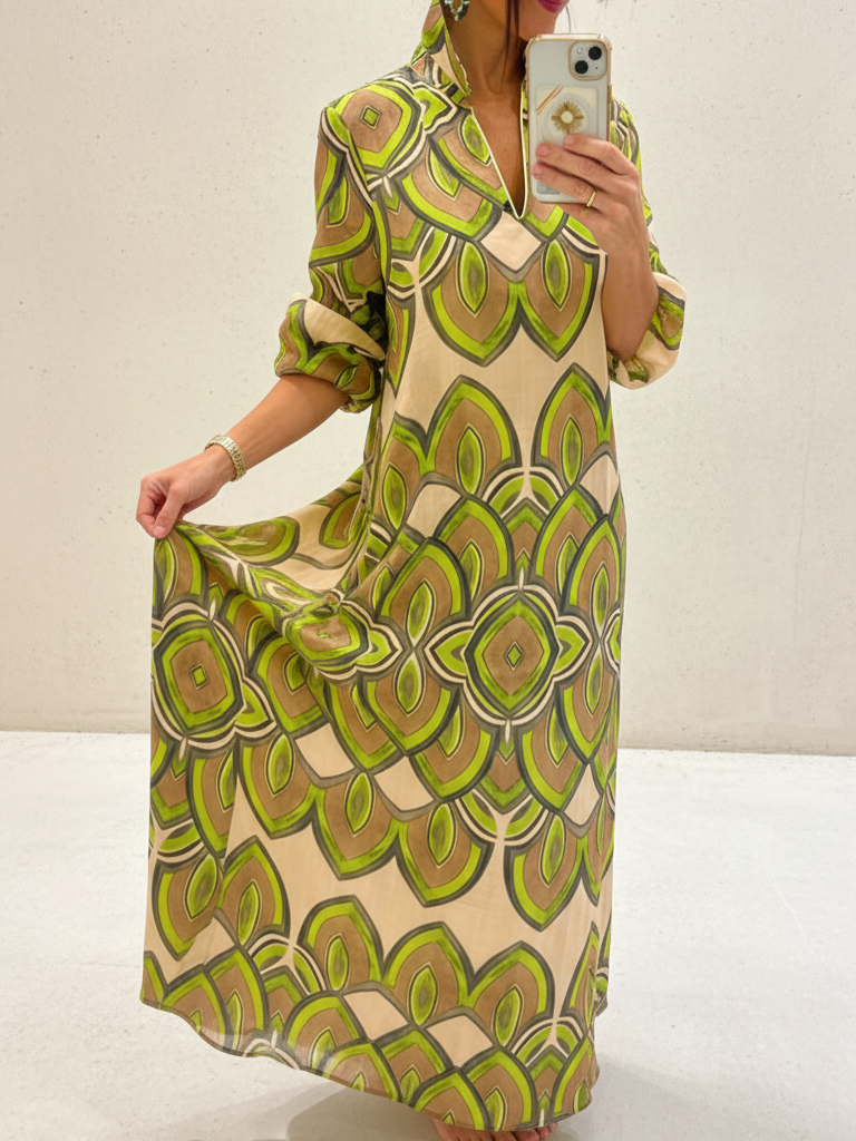 Retro Stand-up Collar Floral Print Loose Linen Cotton Dress