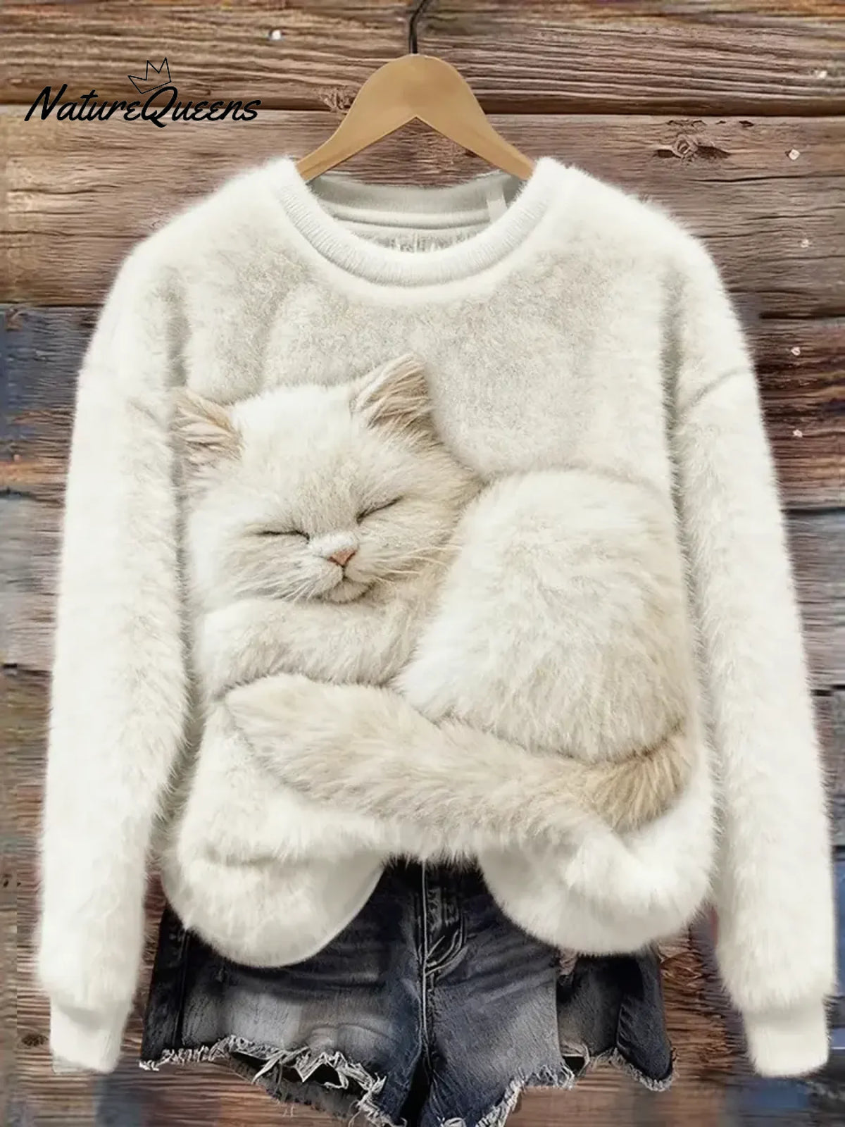 Women's Funny Cat Pattern Art Print Casual Velvet Sweatshirt