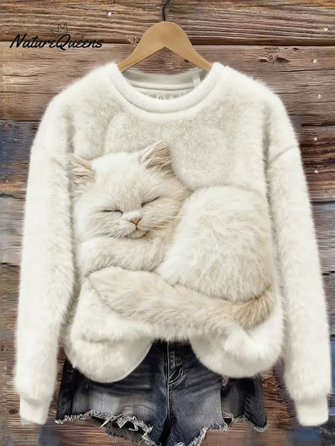 Women's Funny Cat Pattern Art Print Casual Velvet Sweatshirt