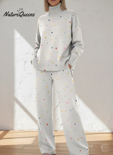 Colorful Dots Casual High-neck Top And Straight-leg Pants Set