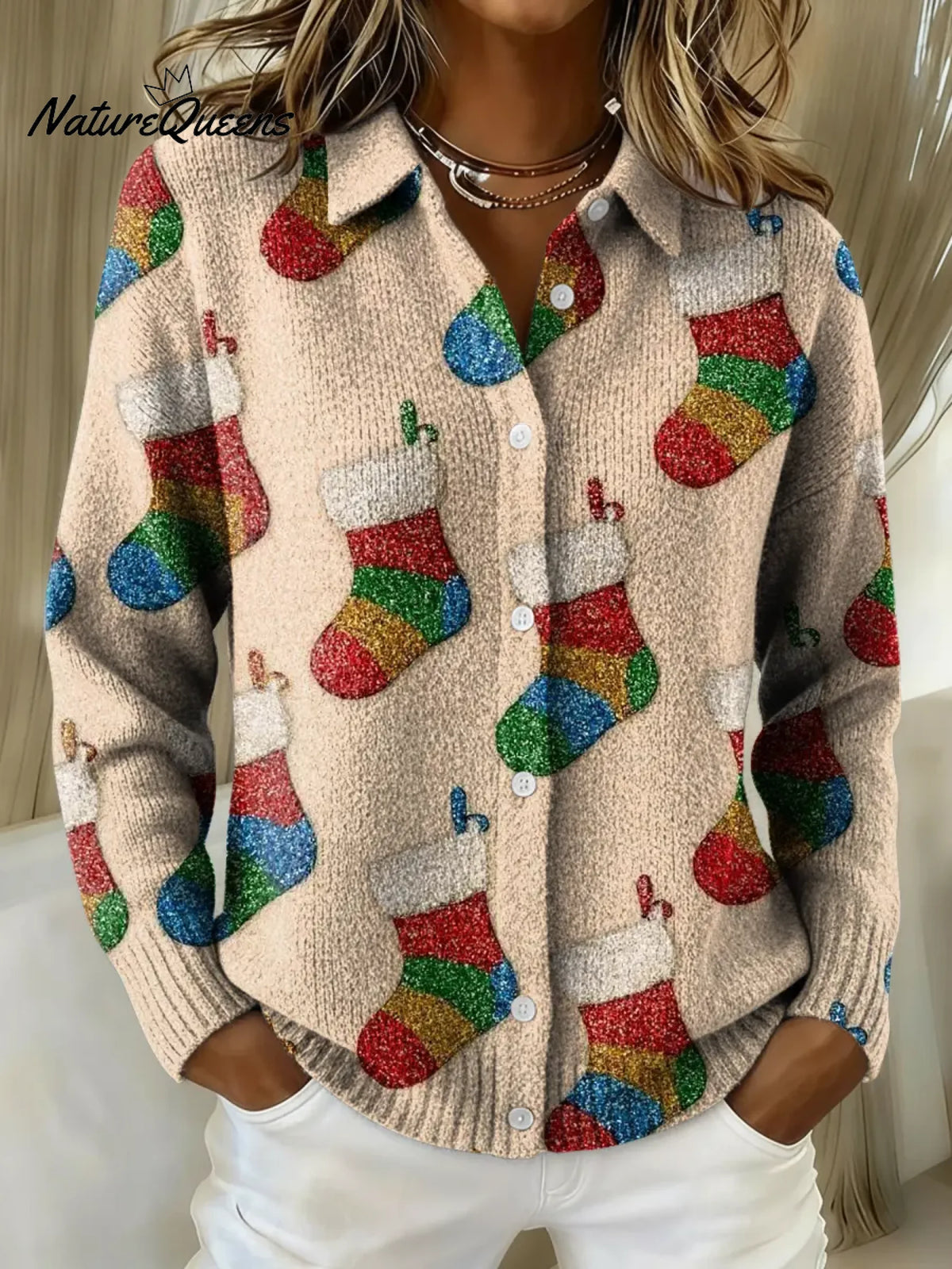 Women's Christmas Stocking Printed Collared Sweater