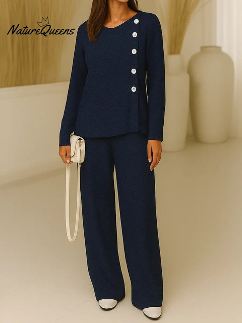 Women's Round Neck Long Sleeve Casual Button-Down Loose Knit Top and High-Waisted Wide-Leg Casual Pants Set