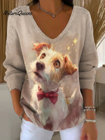 Women 's Cute Dog Decorative Patterns Casual V Collar Long Sleeve Sweater