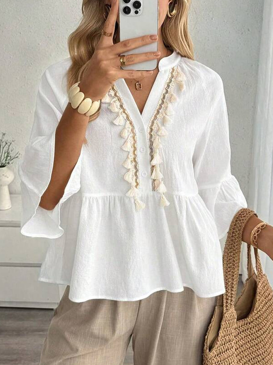 Women's V-neck Button Tassel Tie Top