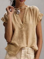 Women's Casual V-neck Short-sleeve Solid-color Cotton-linen Top