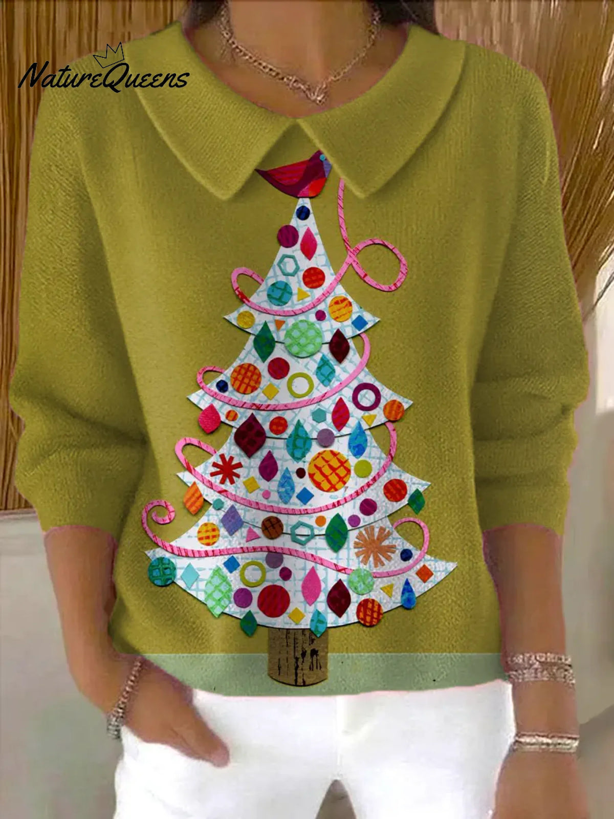 Women'sChristmas TreePrint Casual Peter Pan Collar 3/4 Sleeve Sweater