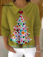 Women'sChristmas TreePrint Casual Peter Pan Collar 3/4 Sleeve Sweater