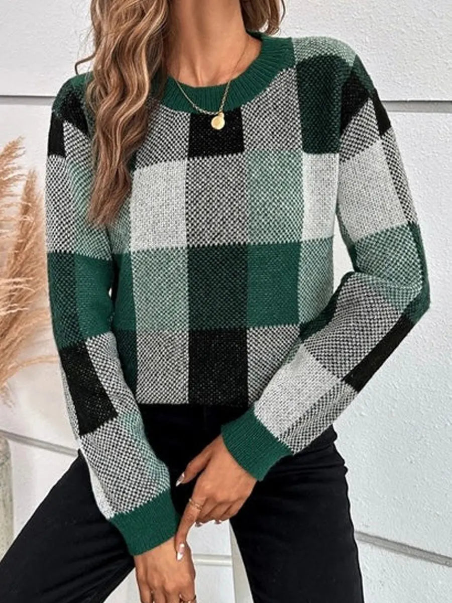 Women's Plaid Pattern Art Print Casual Cotton Sweater