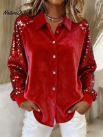 Women's Sequined Sleeve Patchwork Long-sleeved Velvet Loose Shirt
