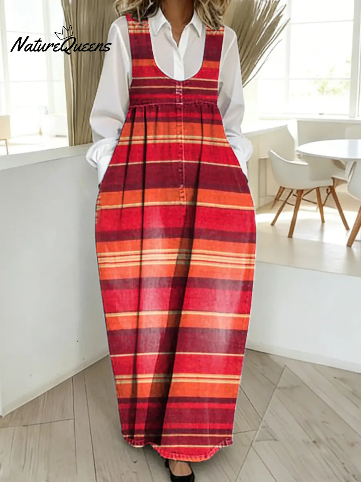 Women's Vintage Stripe Pattern Art Print Casual Cotton Denim Dress