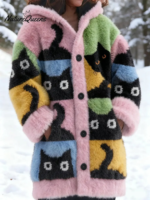 Women's Funny Cats Pattern Art Print Casual Fleece Coat