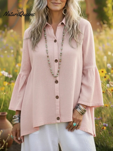 Cozy Button-down Flared Sleeve Linen Shirt Top