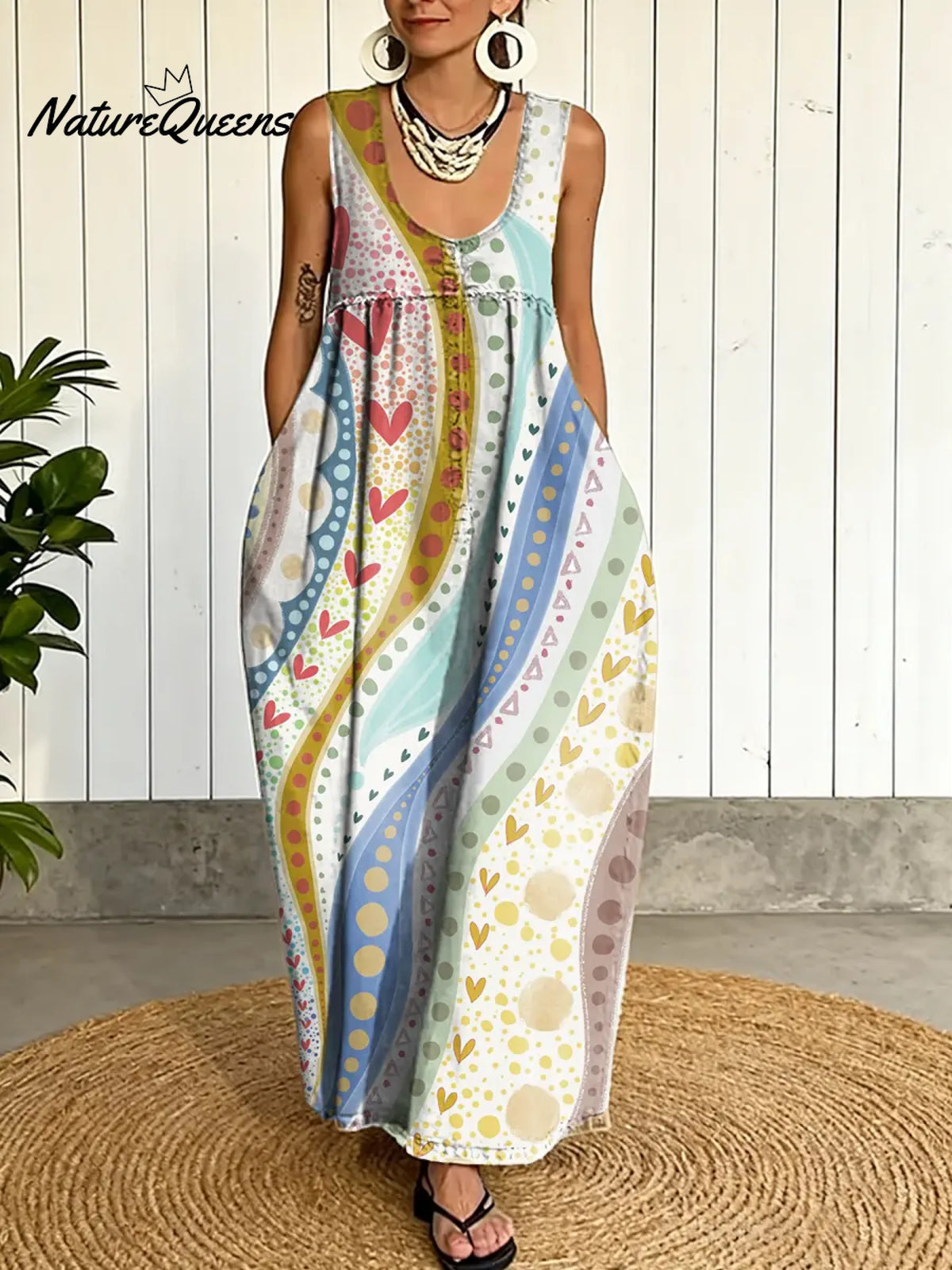 Women's Abstract Geometry Pattern Art Print Casual Cotton Denim Dress