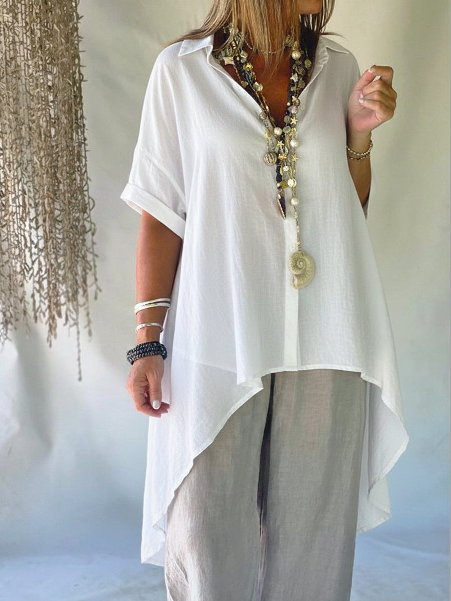 Casual Linen And Cotton Shirt With A Shorter Front And Longer Back