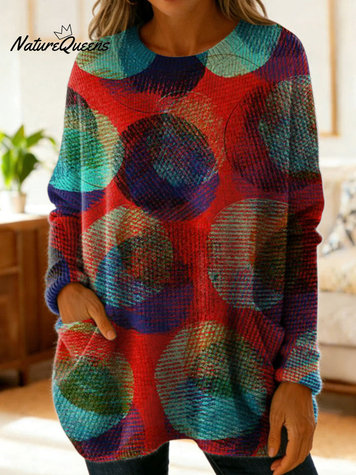 Women's Retro Abstract Pattern Art Print Casual Cotton Knitted Sweater