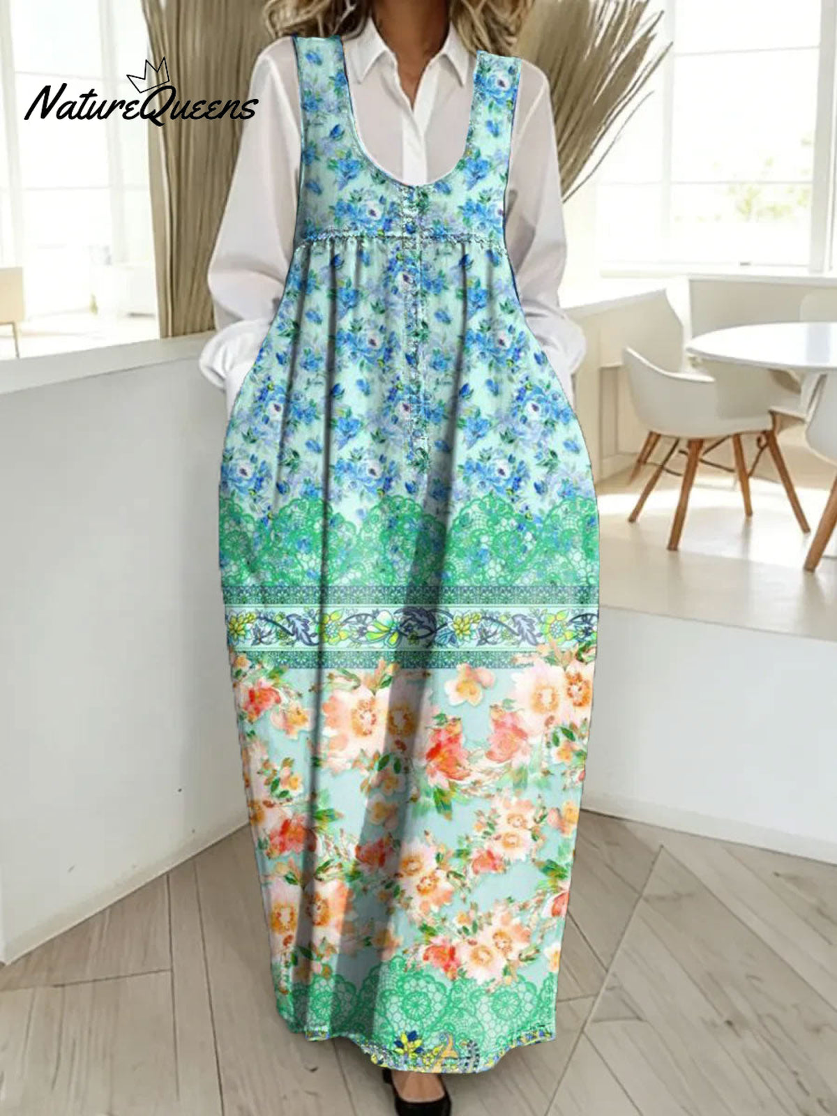 Women's Retro Splicing Colorful Flowers Pattern Art Print Casual Cotton Denim Dress