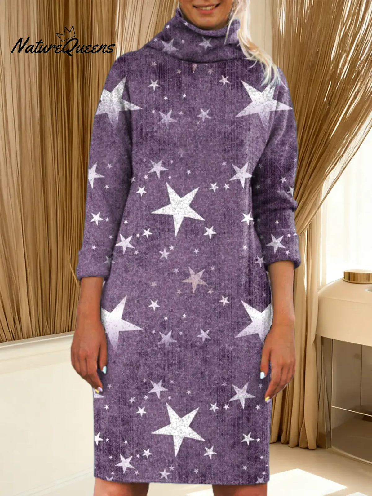 Women's Stars Pattern Art Print Casual Turtleneck Cotton Knitted Sweater Dress