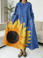 Brilliant Sunflower Decorative Pattern Women's Casual Peter Pan Collar Long Sleeve Dress
