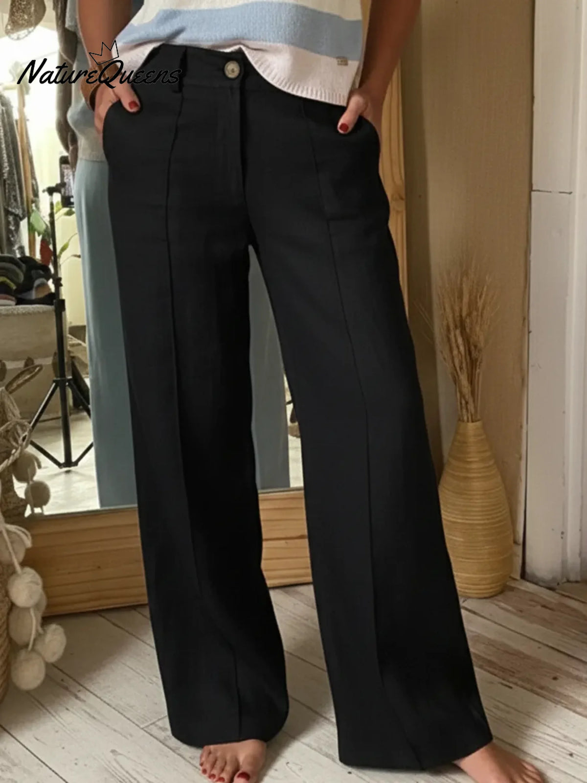 Classic Wooden Button Solid Color Linen Trousers