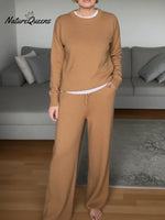 Cozy Round-neck Sweater And Wide-leg Pants Two-piece Set