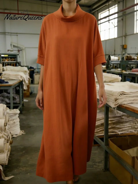 Elegant Cowl-neck Loose-fitting Linen Dress