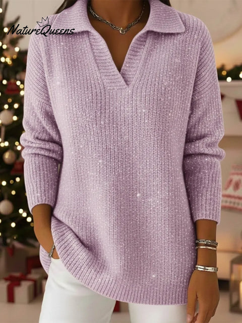 Christmas Party Polo Collar Shiny Loose Sweater Top