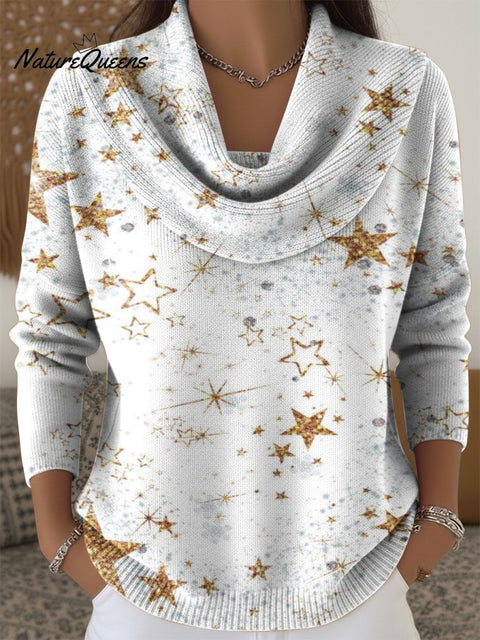 Christmas Gold Star Decoration Pattern Women's Casual Swing Collar Long Sleeve Sweater