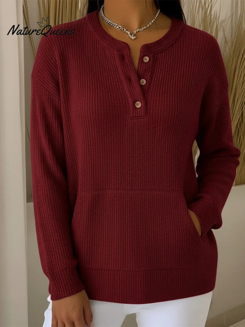 Casual Henley Collar Button Pocket Knit Pullover