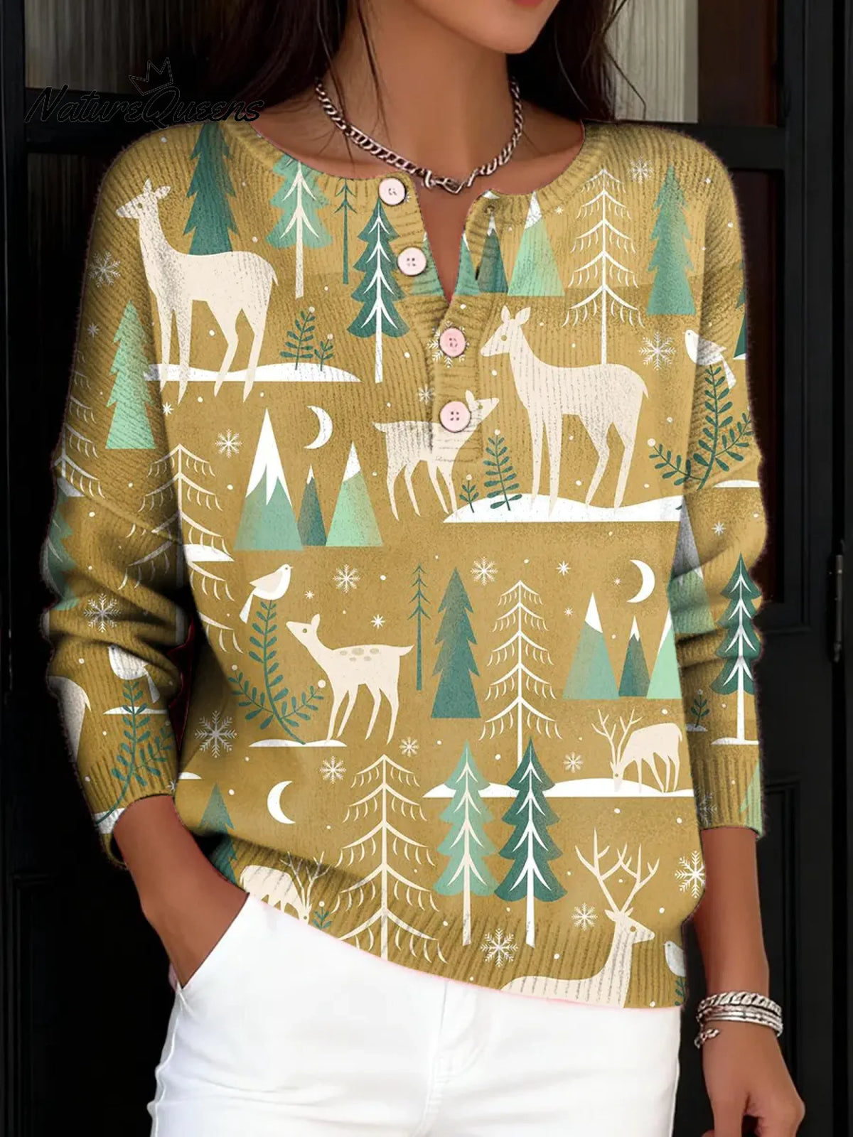 Women's VintageChristmas Pattern Art Print Buttoned Cardigan Sweater