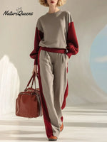 Women's Color Block Crew Neck Long Sleeve Casual Loose Sweatshirt High Waist Casual Wide Leg Pants Set