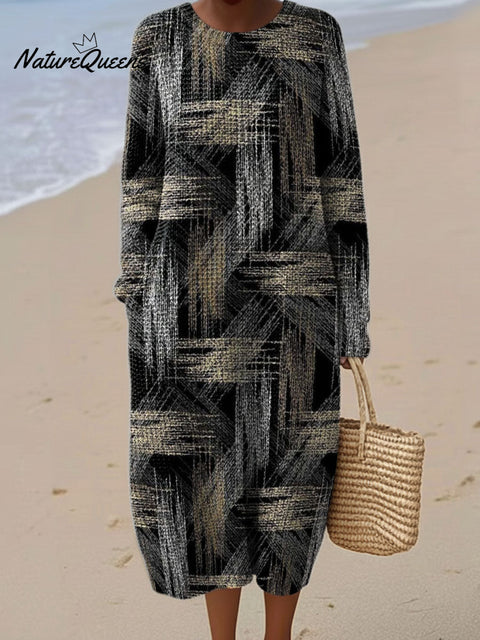 Geometric Line Decorative Pattern Women's Round Collar Long Sleeve Dress