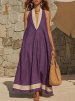 Color-block Trim Halter-neck Long Cotton-linen Dress